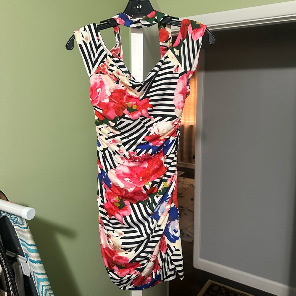 GUESS Floral Ruched Bodycon Dress | Halter Neck Mini Dress